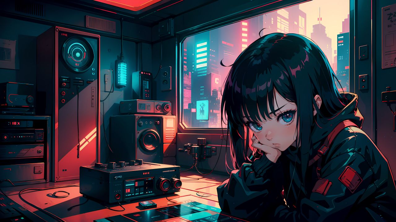 Sad girl Wallpaper 4K, Lofi, Anime girl, Mood, AI art