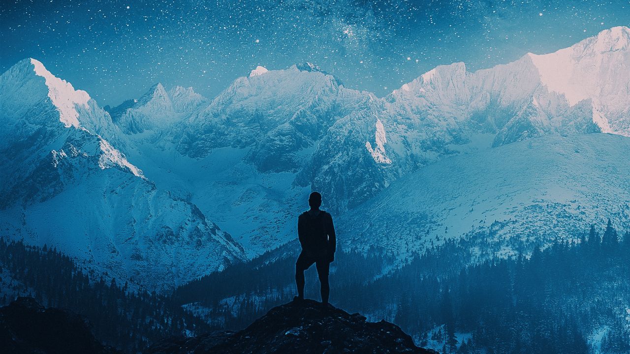 Milky Way Wallpaper 4K, Mountains, Person Silhouette, 5K