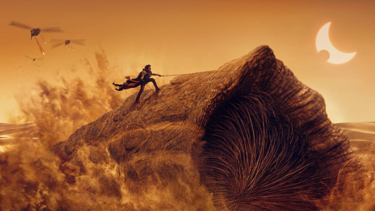 Timothée Chalamet Riding Sandworm In Dune 2 5K Wallpaper