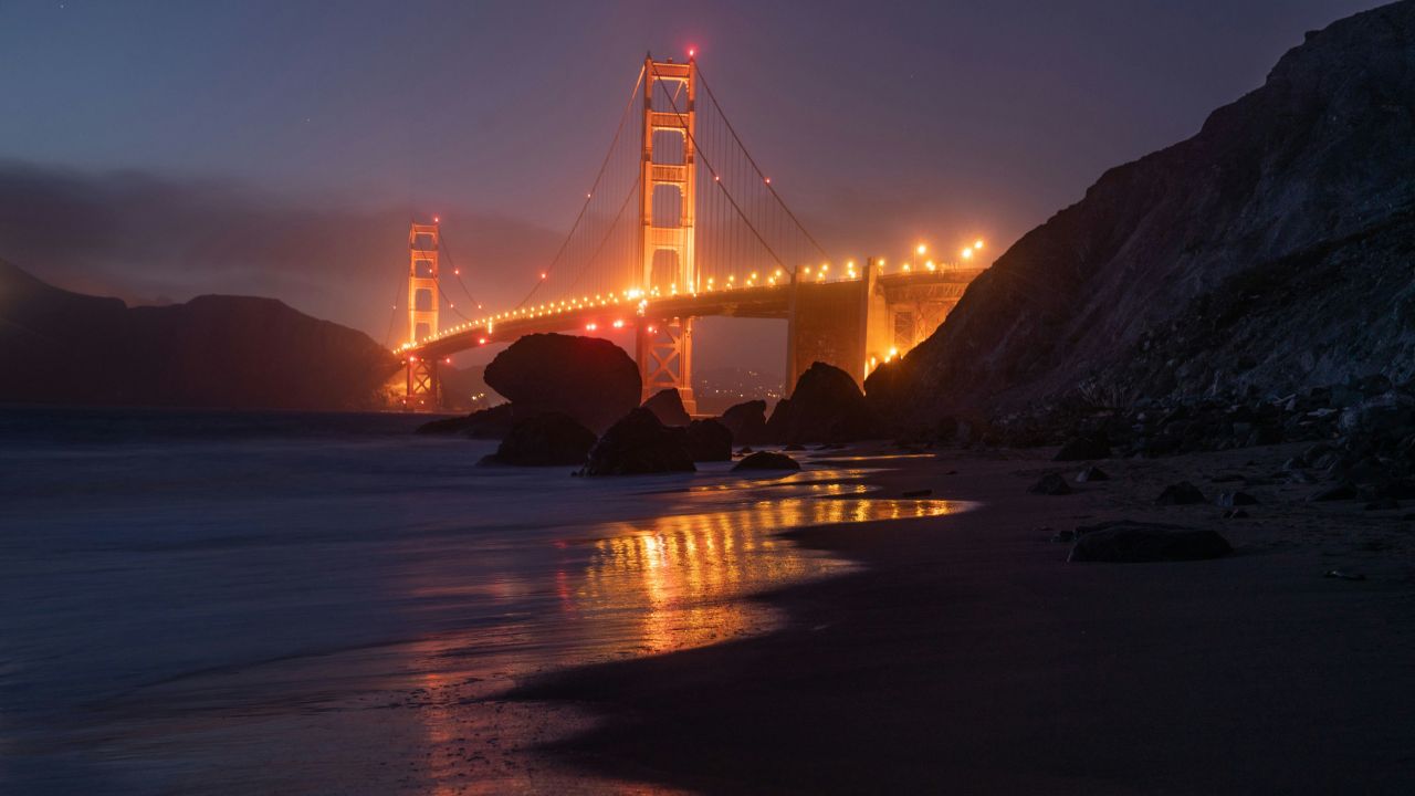 Golden Gate Bridge Wallpaper 4K, Illuminated, Night, Reflection