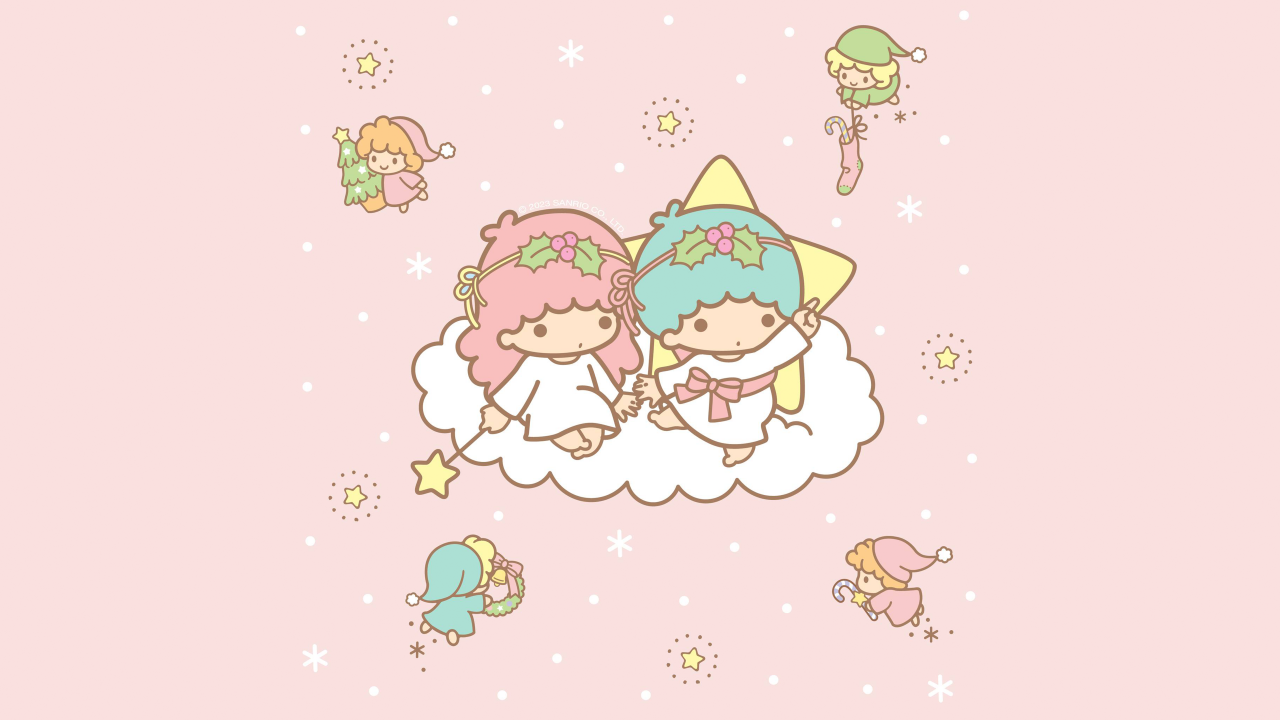 Little Twin Stars Wallpaper 4K, Peach background, Kiki and Lala