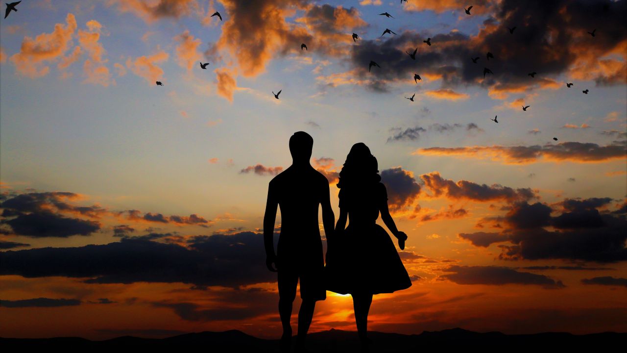 Couple Wallpaper 4K, Silhouette, Sunset, Together, Dawn, Evening, Love