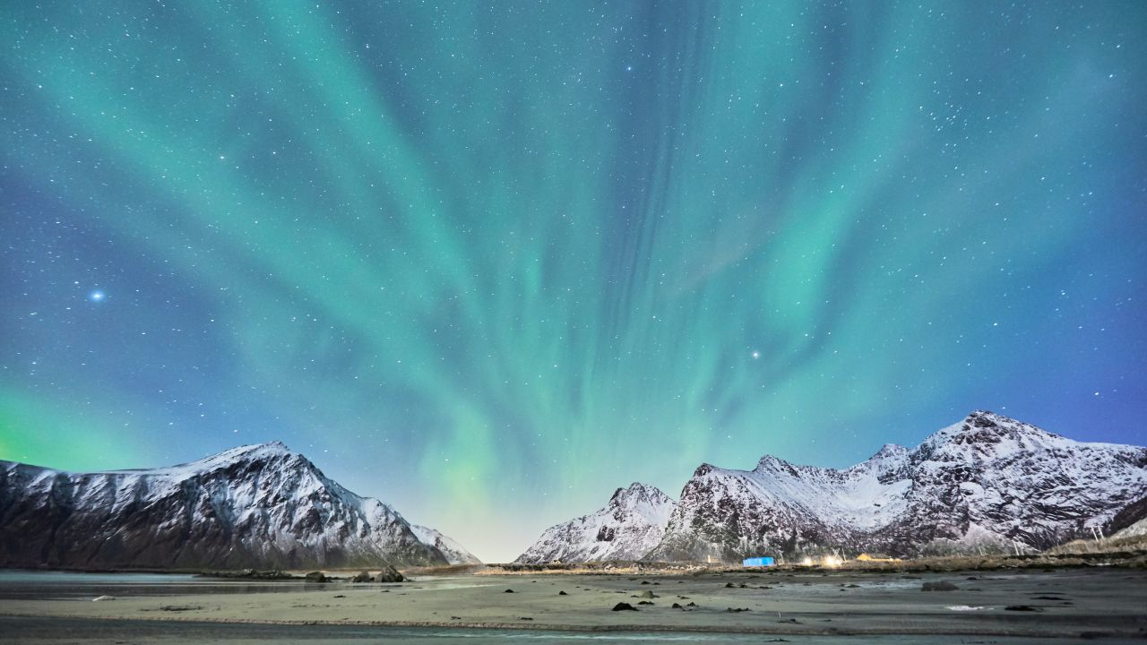 snow mountains glacier aurora borealis landscape blue sky