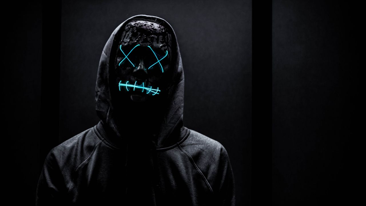 Neon Mask Wallpaper 4K, Man in Black, Dark background, #2162