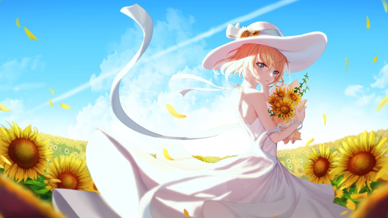 Anime girl Wallpaper 4K, Sunflowers, Sunny day, 5K