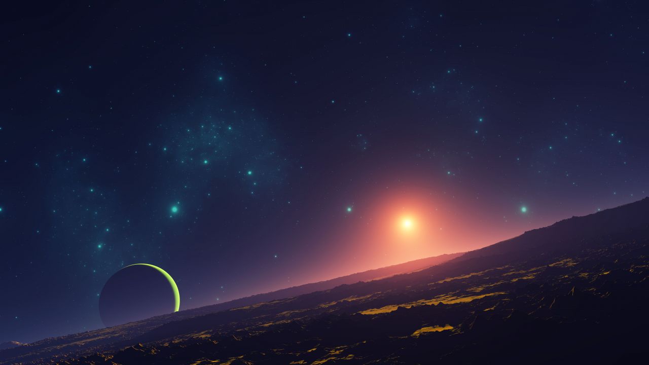 Sunset Wallpaper 4K, Planet, Stars, Aerial view