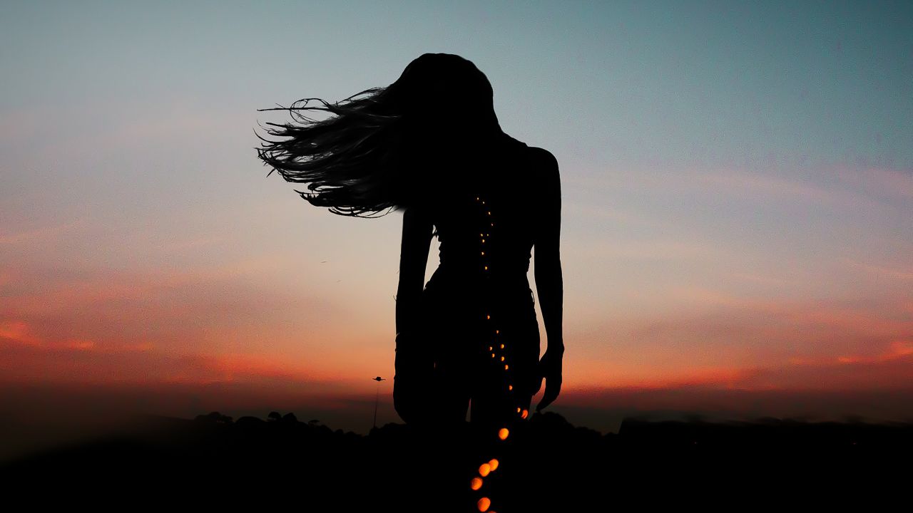 Girl 4K Wallpaper, Silhouette, Aesthetic, Mood, Bokeh, Evening sky