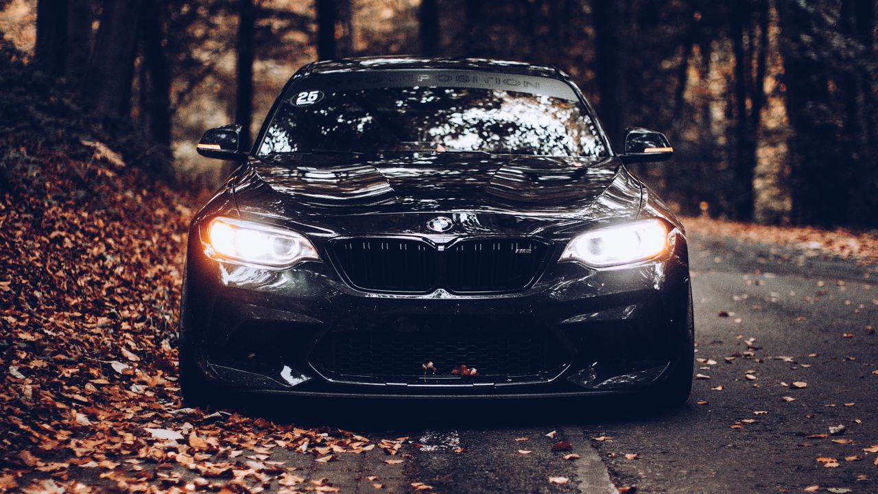 BMW 4K Wallpaper, Black cars, Cinematic, Autumn, Foliage, Road, Tarmac