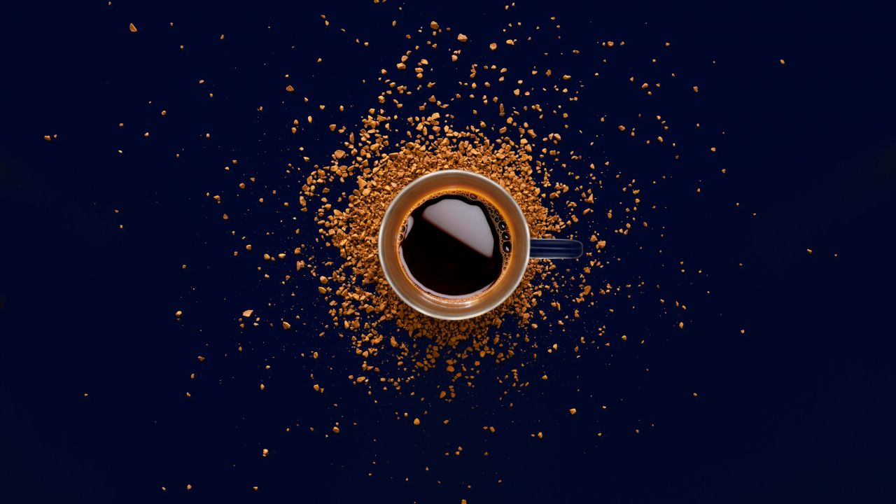 coffee cup instant coffee blue background ceramic mug top