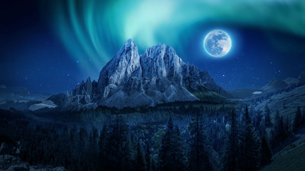 Moon Wallpaper 4K, Aurora Borealis, Mountains, Winter, Forest, Nature, #408