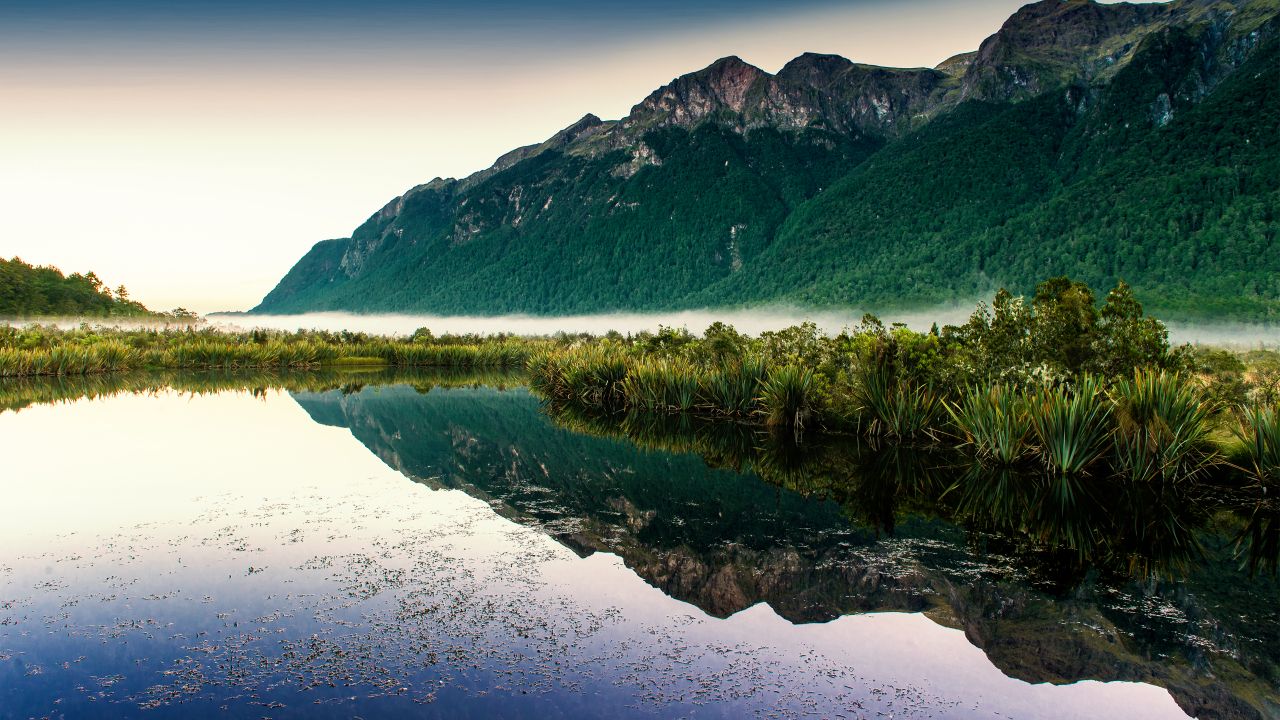 Mirror Lakes Wallpaper 4K, New Zealand, Fog, Mountain