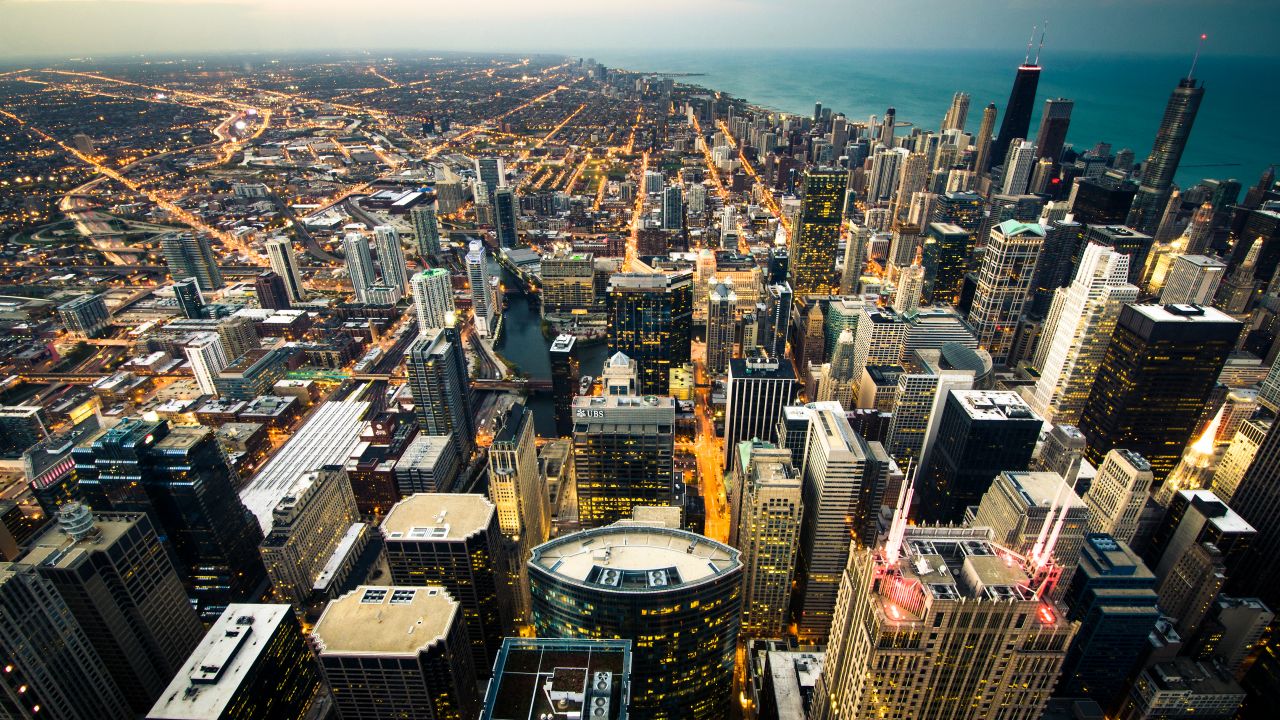 chicago city cityscape city lights dusk skyscrapers skyline