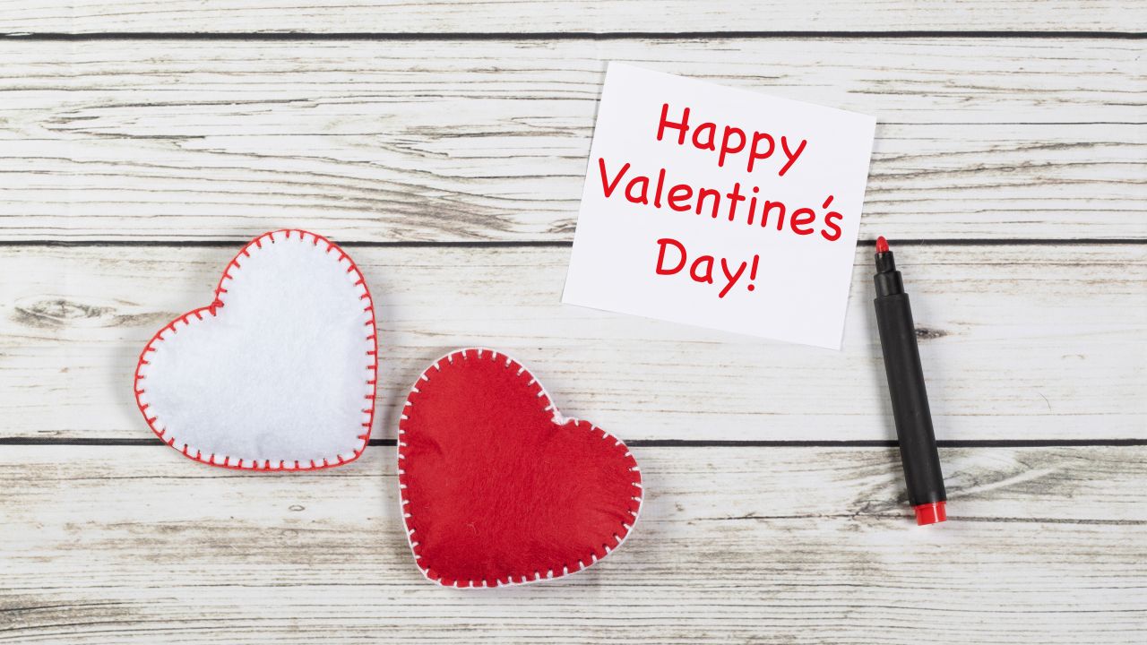 happy valentines day red hearts wooden background white