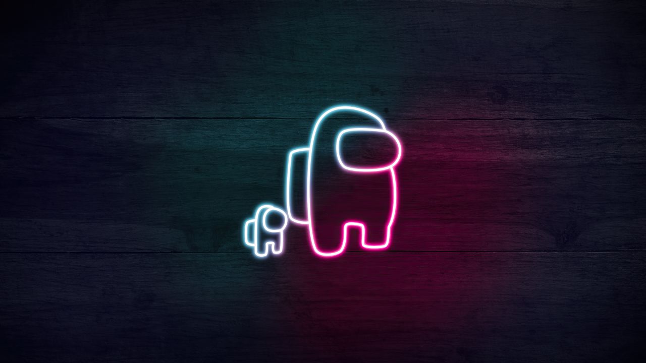 among us neon wooden background dark background