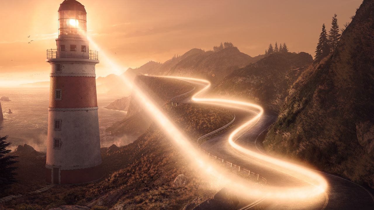 Lighthouse Wallpaper 4K, Road, Coastline, Sunset, Light