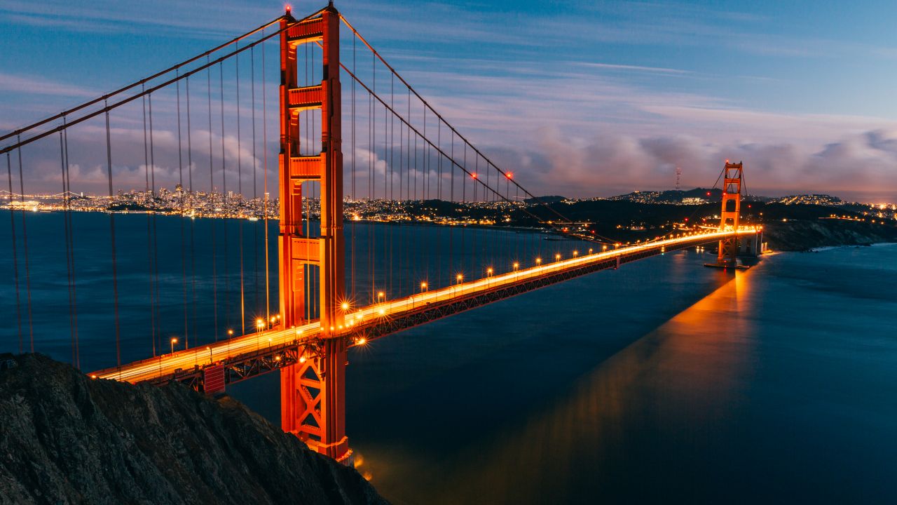 Golden Gate Bridge Wallpaper 4K, Lights, San Francisco, Evening