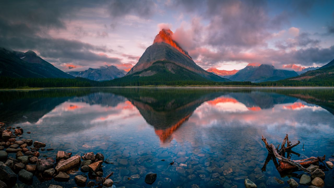 Swiftcurrent Lake Wallpaper 4K, Sunrise, Reflection, Cloudy