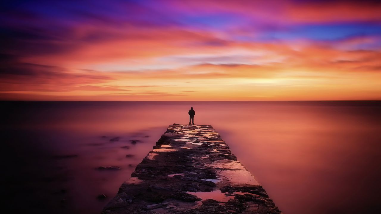 Seascape Wallpaper 4K, Pier, Person Silhouette, Sunset