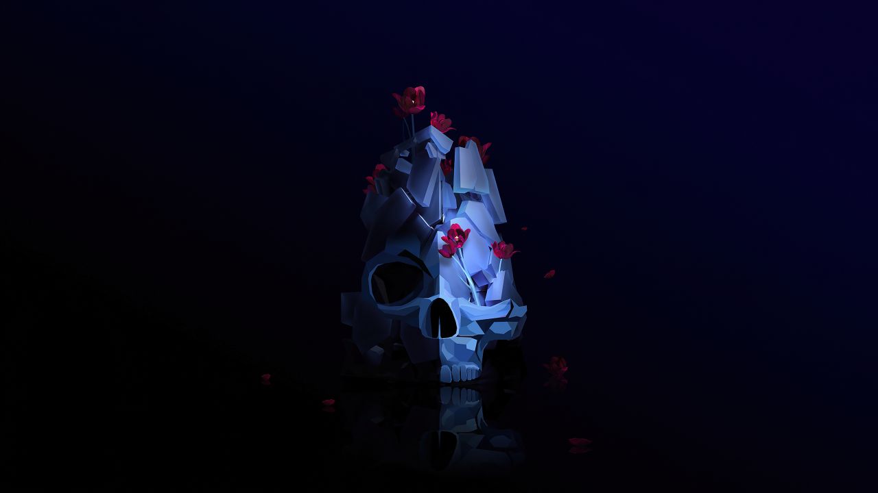skull low poly artwork dark background roses