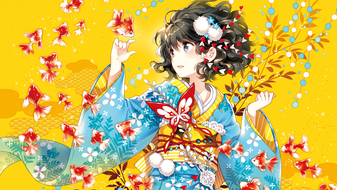 anime girl underwater fishes dream fantasy yellow background