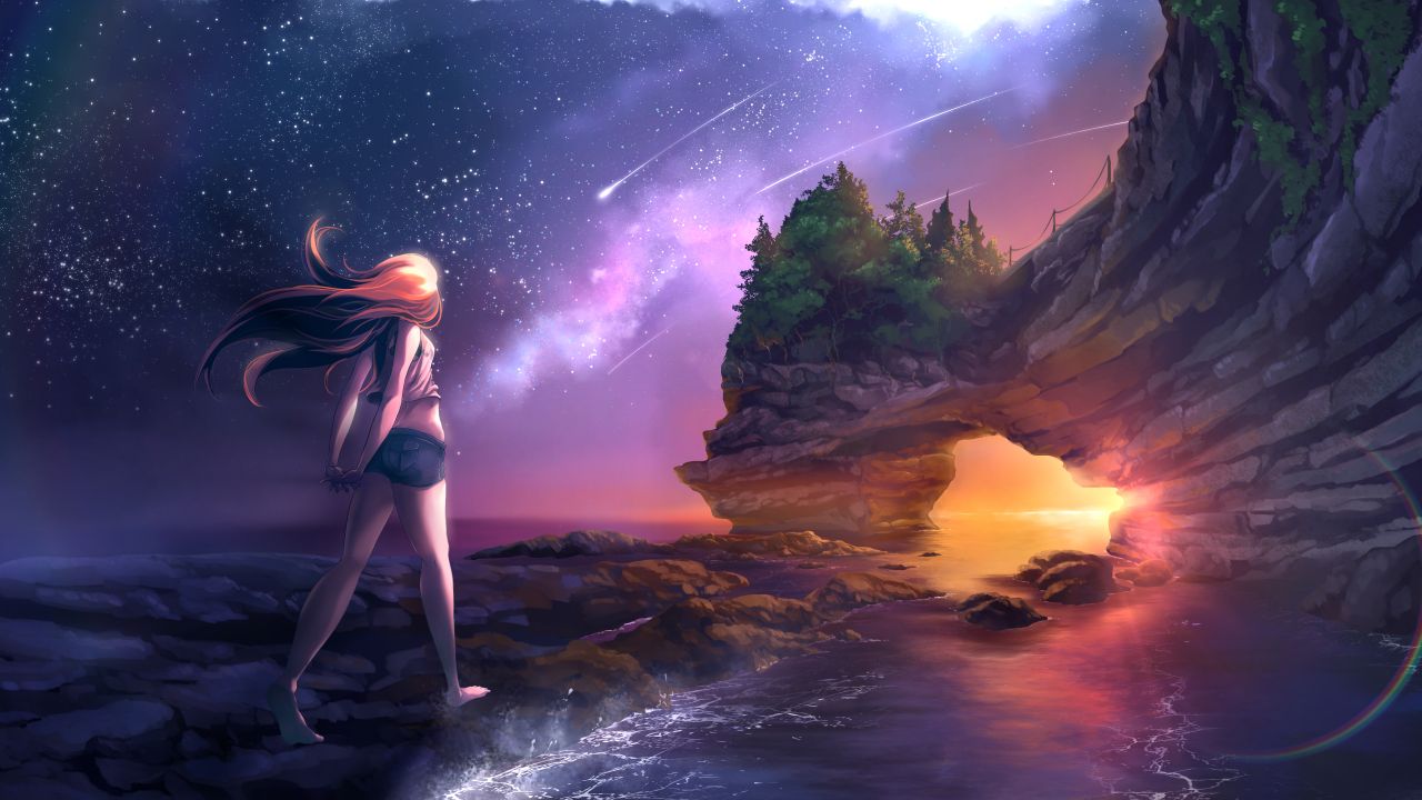 anime girl beach arch sunset digital art star trails scenic