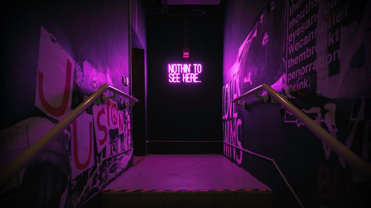 nothing to see here neon sign stairway purple light 5k