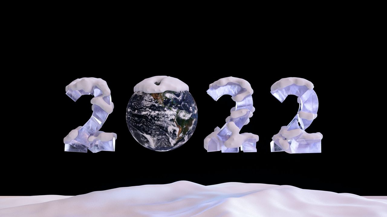 2022 new year snow rendering 3d black background planet