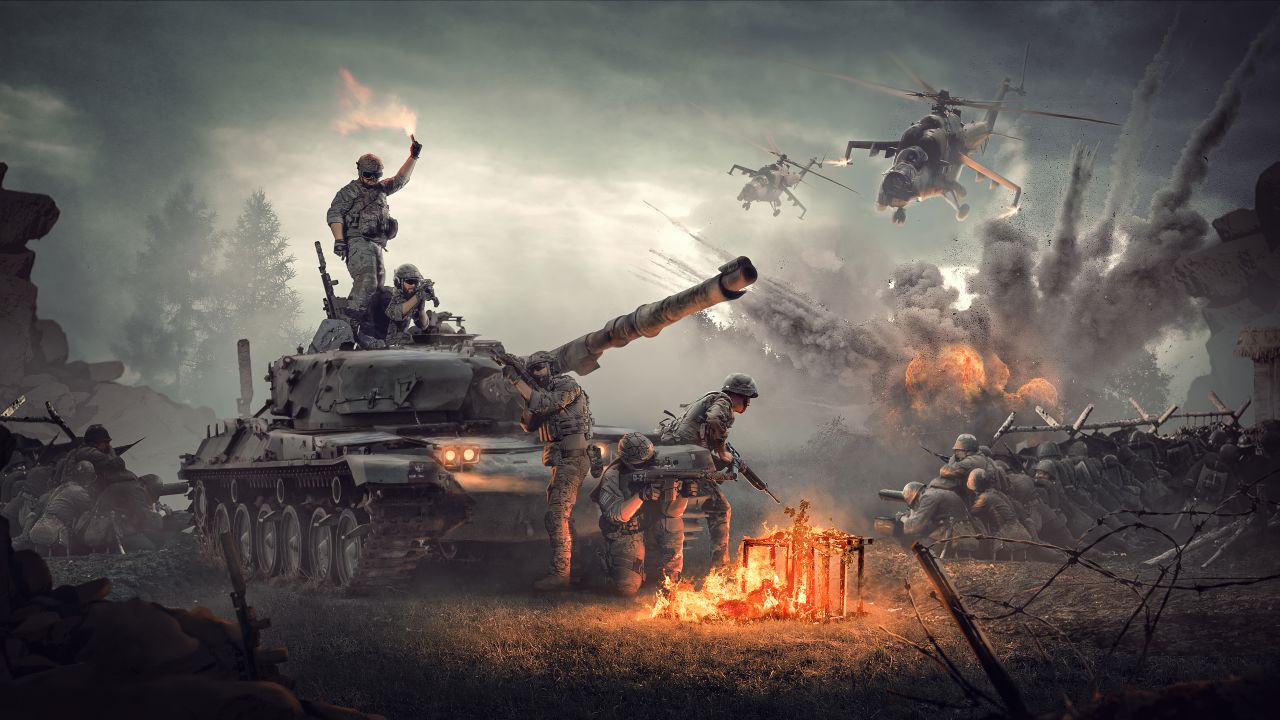 army tanks attack helicopter war soldiers fire enemy surreal