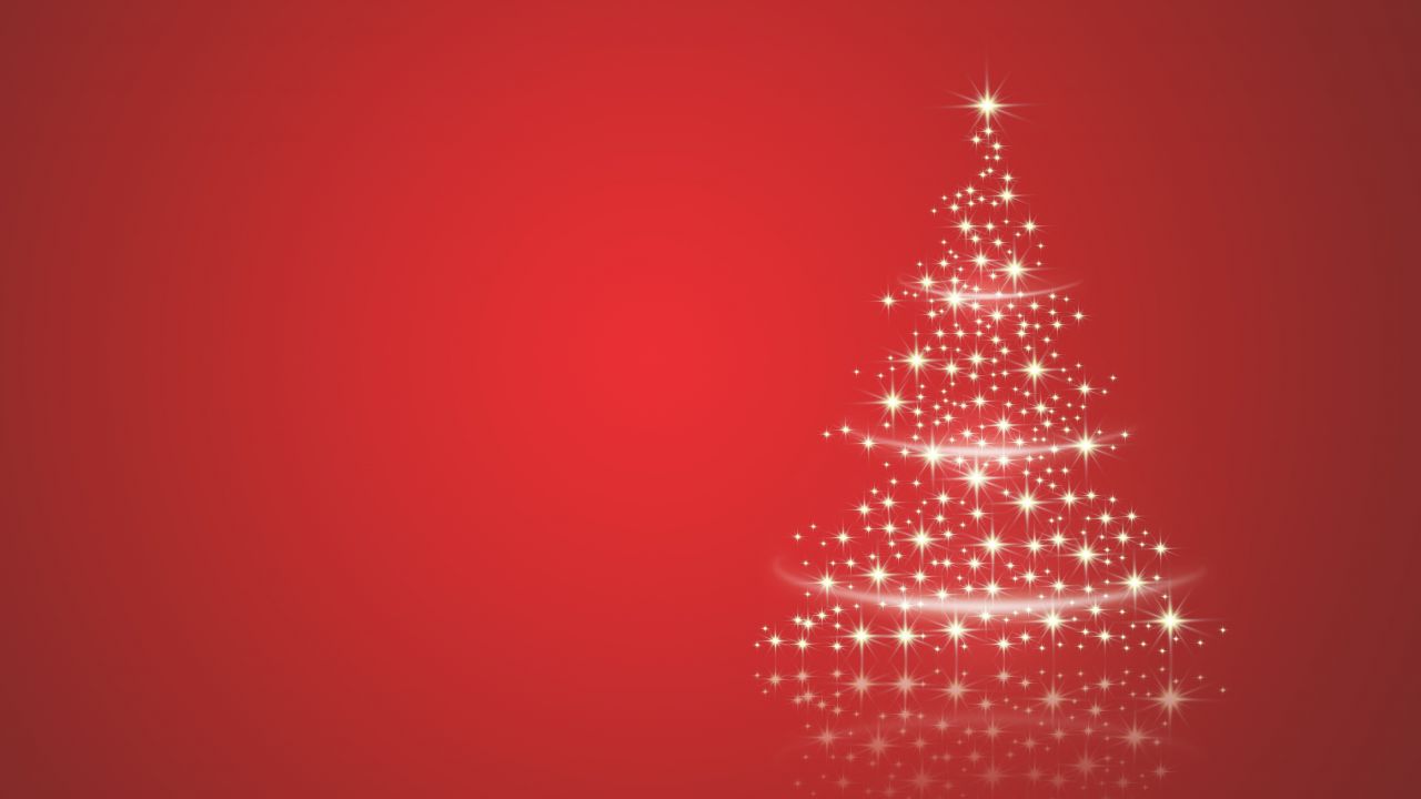 Christmas tree Wallpaper 4K, Sparkles, Red background, Navidad