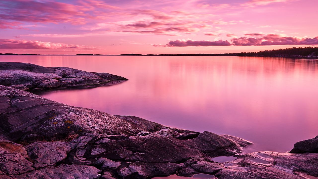 Sunset 4K Wallpaper, Scenery, Lake, Rocks, Pink sky, 8K