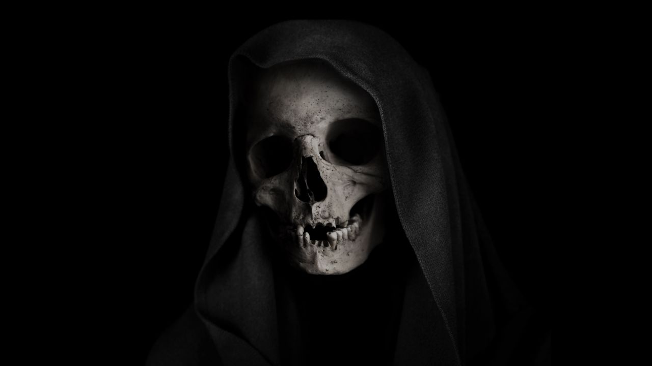 grim reaper skull black background scary 5k