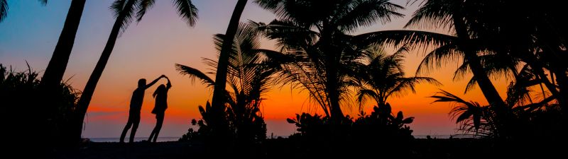 Couple, Tropical beach, Romantic, Sunset, Twilight, Palm trees, Maldives