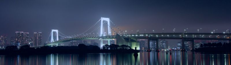 Rainbow Bridge, Tokyo, Japan, Night, City lights, Reflection, 5K, Suspension bridge