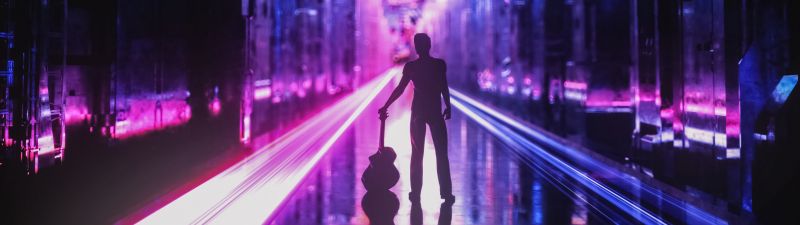 Neon, Guitar, Musician, Silhouette, Cyberpunk, Future City, Aesthetic, Dystopian