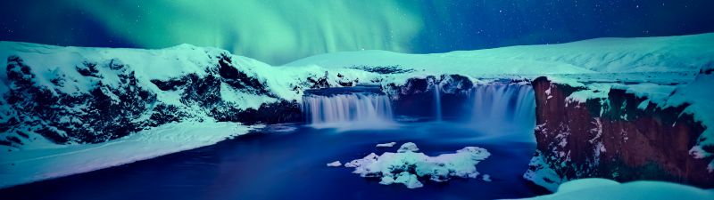 Snow covered, Godafoss waterfall, Winter, Iceland, Aurora sky, Night