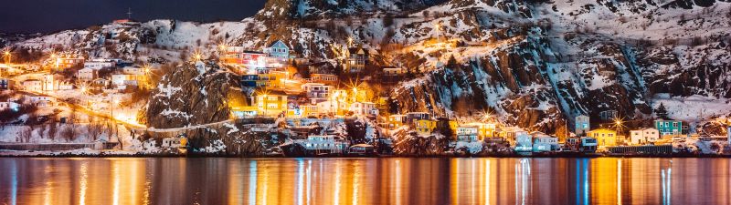 Newfoundland, Island, Canada, Night lights, Reflections, Lake