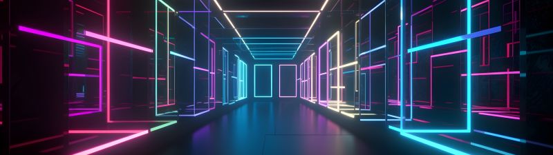 Glowing, Corridor, Neon Lights, Colorful, 5K