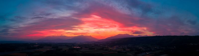 Sunset, Countryside, Mountains, Twilight, Afterglow, Red Sky, 5K, 8K