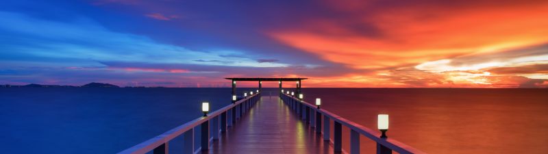 Wooden pier, 5K, Bridge, Sunset, Horizon, Resort, Dawn, Vacation, Holidays, Phuket, Thailand