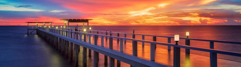 Wooden pier, Resort, Bridge, Sunset, Horizon, Dawn, Vacation, Sea, Holidays, Phuket, Thailand, Aesthetic, 5K