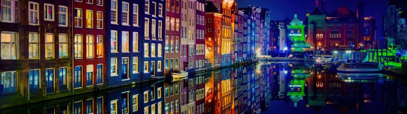 Amsterdam, Night, Colorful, Buildings, Reflection, Night City, 5K, Aesthetic, Night lights