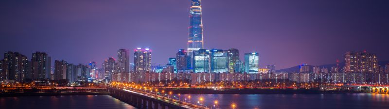 Lotte Tower, Seoul, Cityscape, Bridge, Night, City lights, South Korea, Aesthetic, 5K