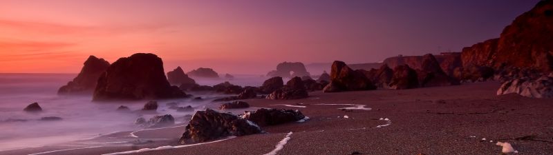 Rocky shore, Sunset, Bodega Bay, California, Seascape, 5K