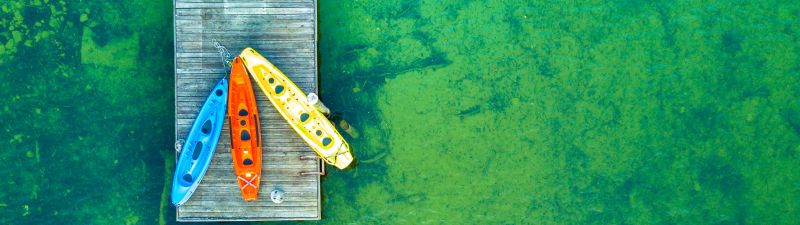 Wooden pier, Aerial view, Kayak boats, Lake, Drone photo