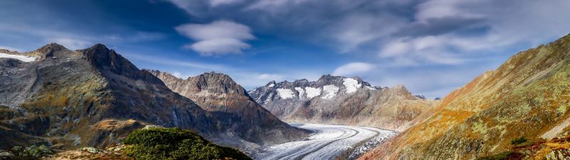 Aletsch Glacier, Alps mountains, Mountain pass, Landscape, Scenery, Summer, Switzerland