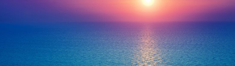 Sunrise, Seascape, Horizon, Ocean, Pink sky, Blue, Morning light, Aesthetic