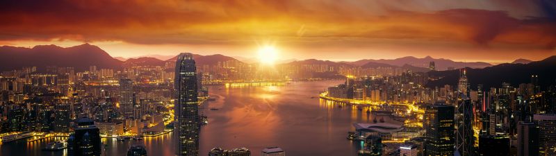 Hong Kong, Sunrise, Cityscape, City lights, Skyline, 5K