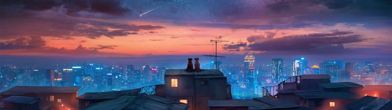 Dogs, Surrealism, Starry sky, Cityscape, Night City, Rooftop, Urban, Romantic, Dreamy, 5K