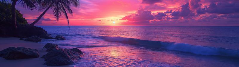 Tropical beach, Aesthetic, Sunset, Purple sky, Palm trees, Calm, 5K