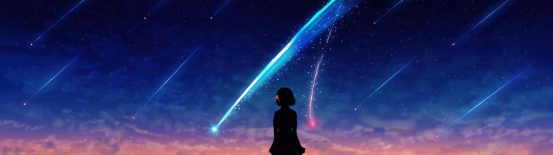 Mitsuha Miyamizu, Silhouette, Lofi, Your Name, Kimi no Na wa, 5K, Comet Tiamat, Celestial, Shooting stars